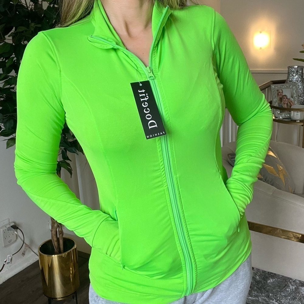 Docefit Green Neon Fitted Zip Long Sleeves Jacket Top Size S